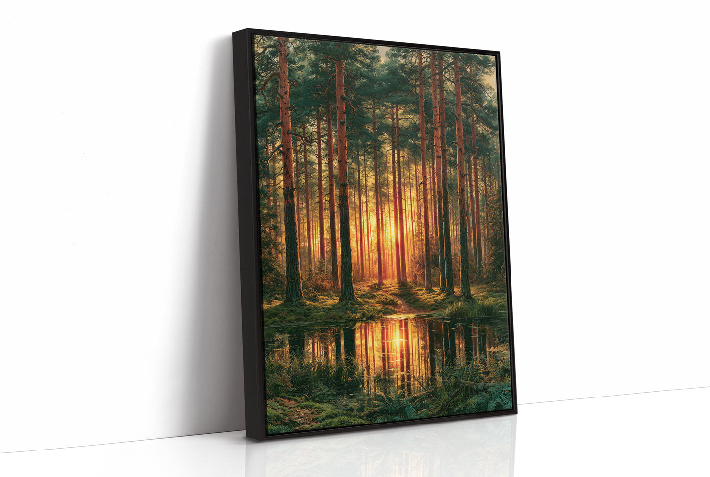 The Sunlit Path: Pine Forest Reflection at Dusk