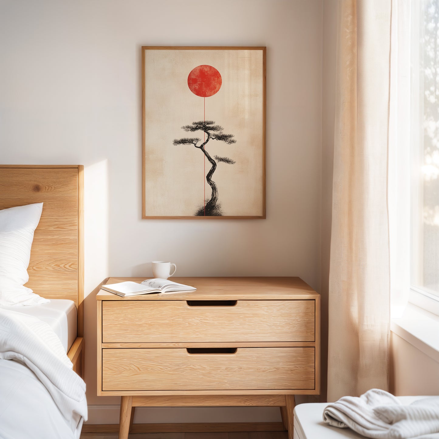 Minimalist Bonsai & Rising Sun – Japanese Zen-Inspired Wall Art