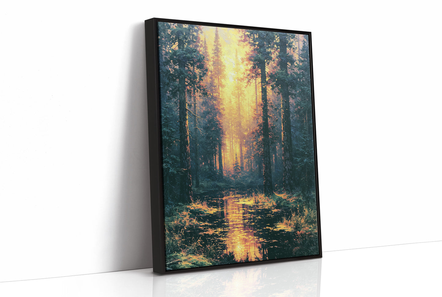 Blazing Grove: Impasto Forest Stream at Sunset