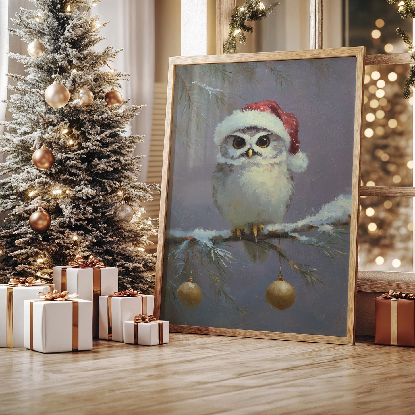Festive Owl Perches Among Ornaments