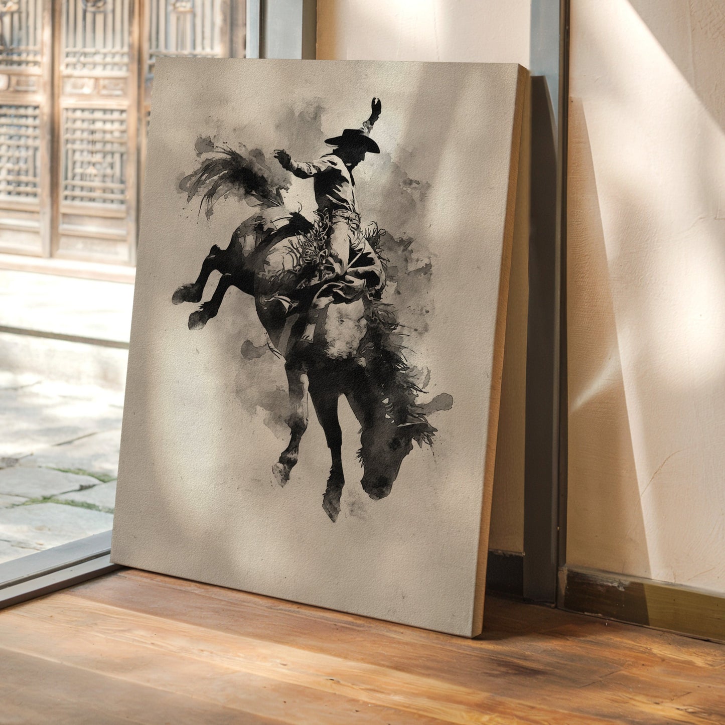 Canvas print of a horse painting in a room with wooden flooring and glass doors.