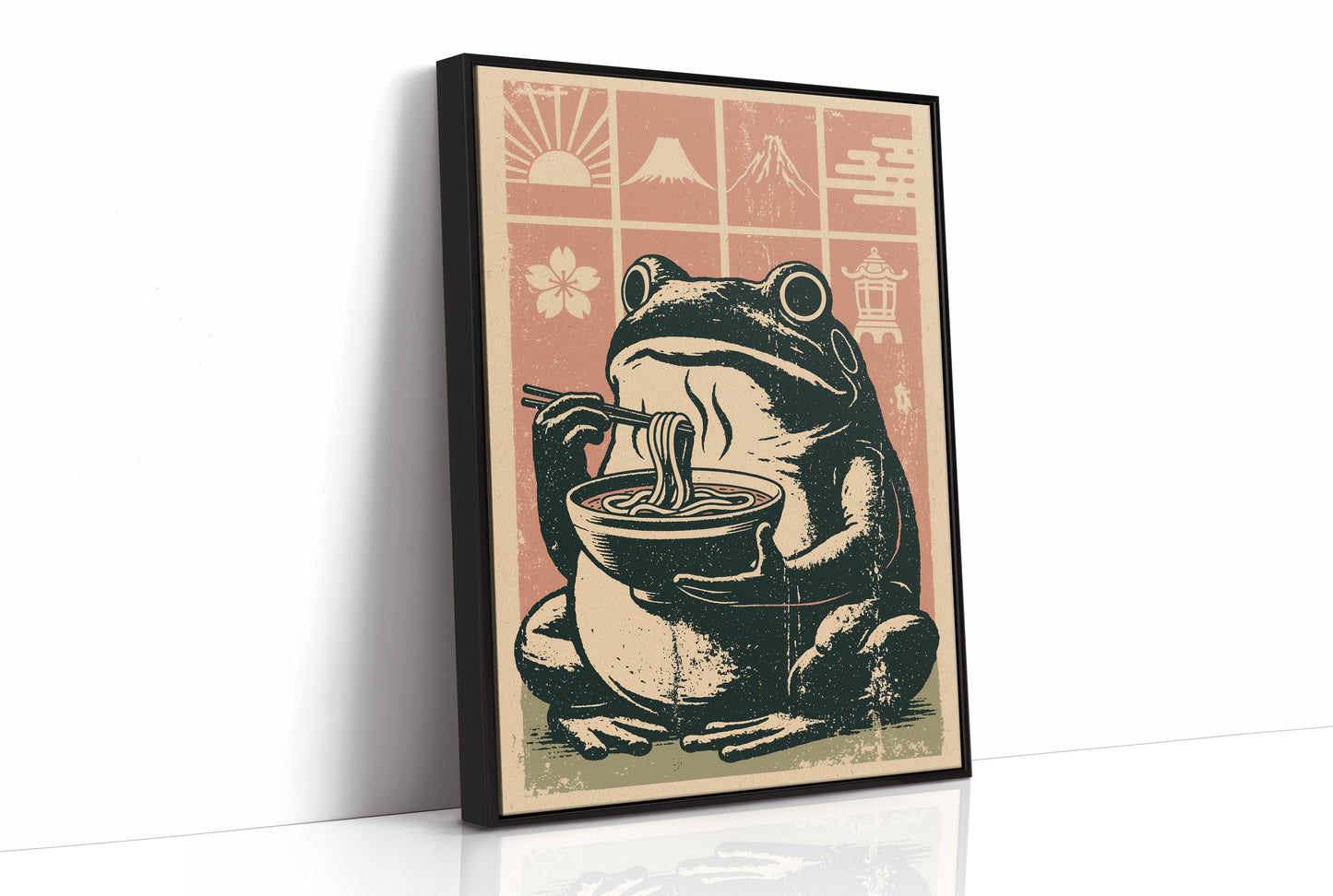 Steamy Ramen Toad: A Woodblock Frog's Slurp
