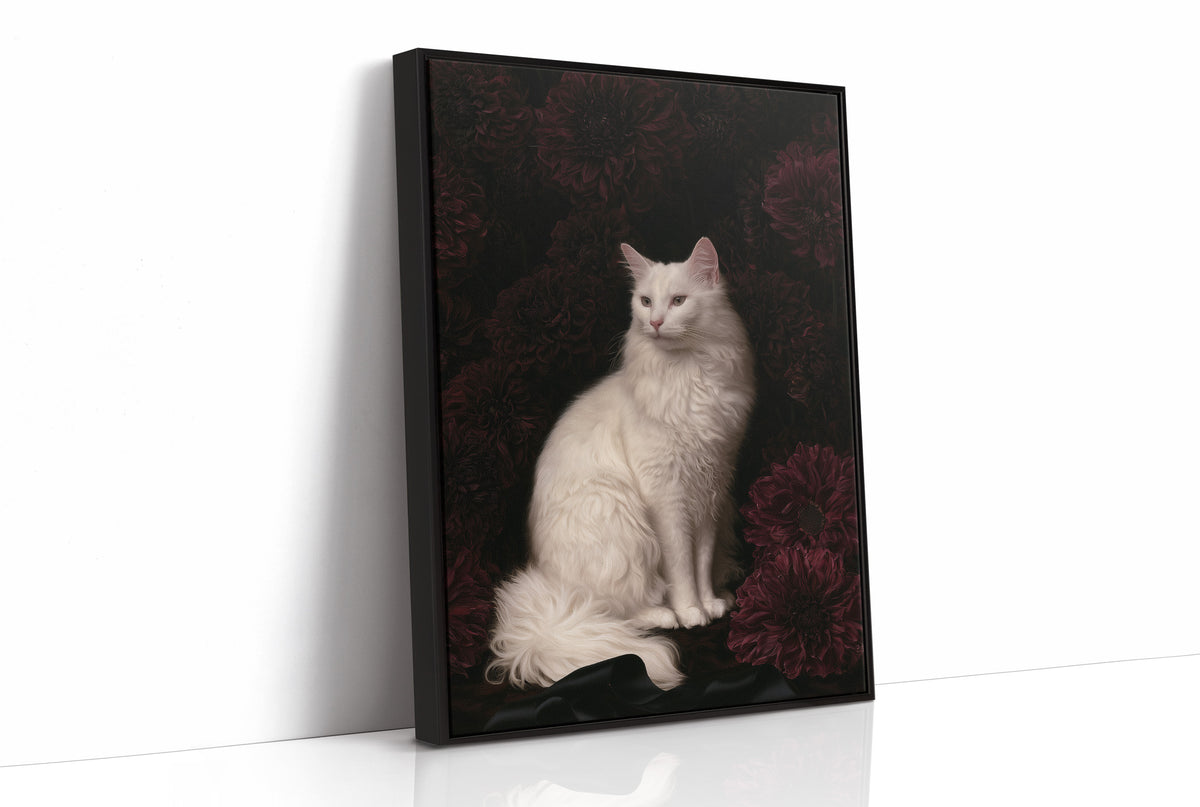 White Cat, Black Chrysanthemums