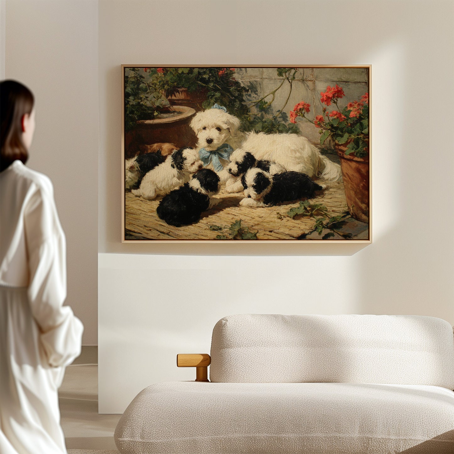 Puppies Rest Among Garden Geraniums