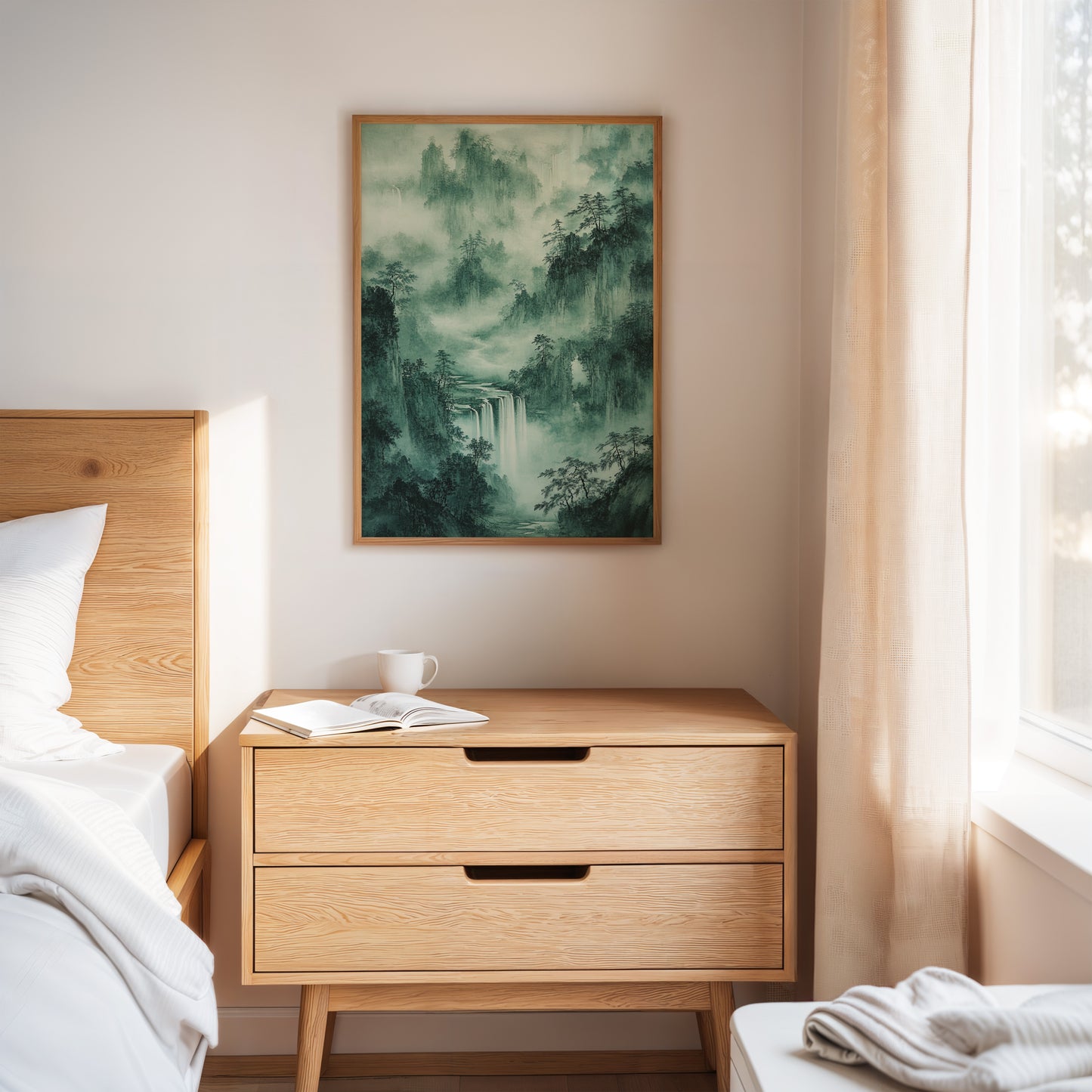 Serene Waterfall Landscape – Traditional Japanese Ink Wash Painting