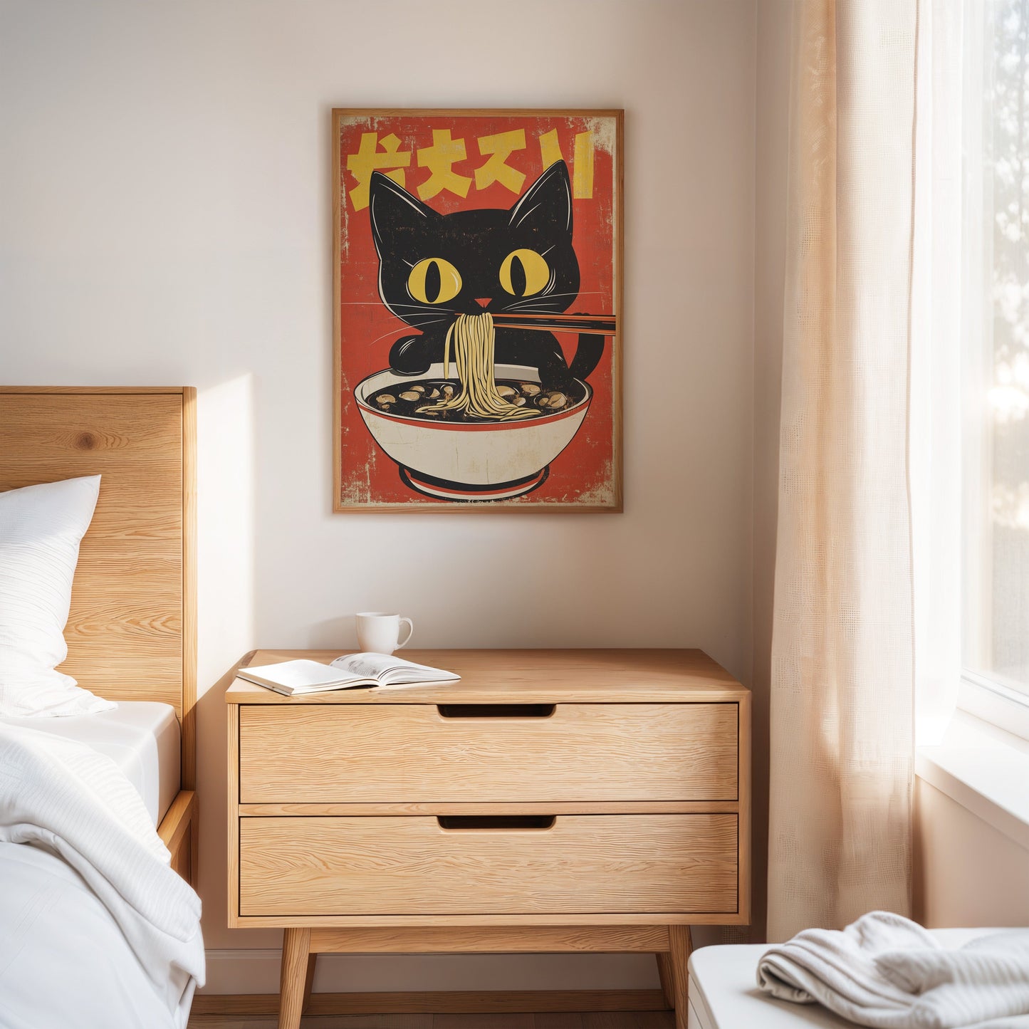 Retro Ramen Cat Poster – Japanese-Inspired Noodle Lover Wall Art