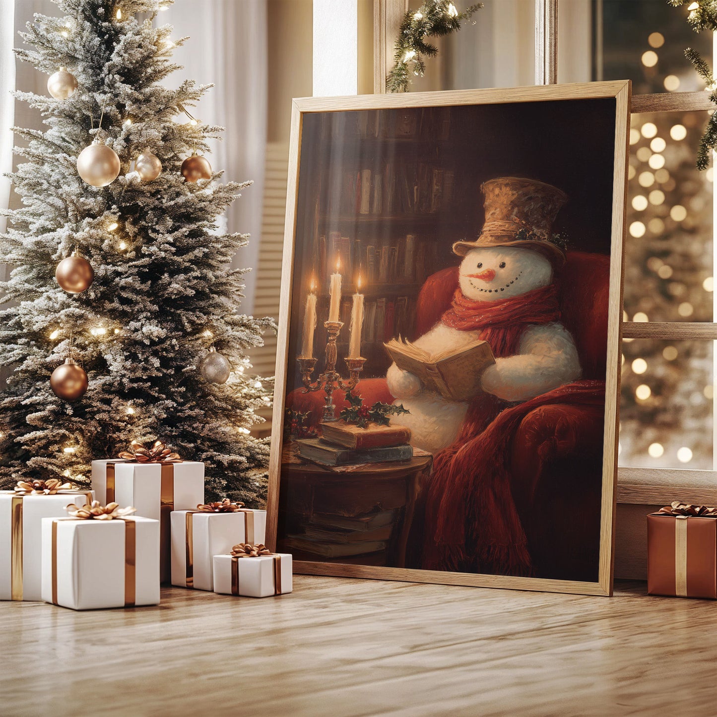 Snowman's Library On Winter Night