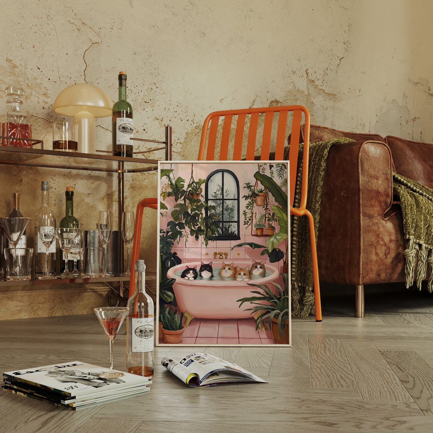 Cat Spa Day – Funny Cat Wall Art, Pink Bathtub Aesthetic, Cozy Home Decor