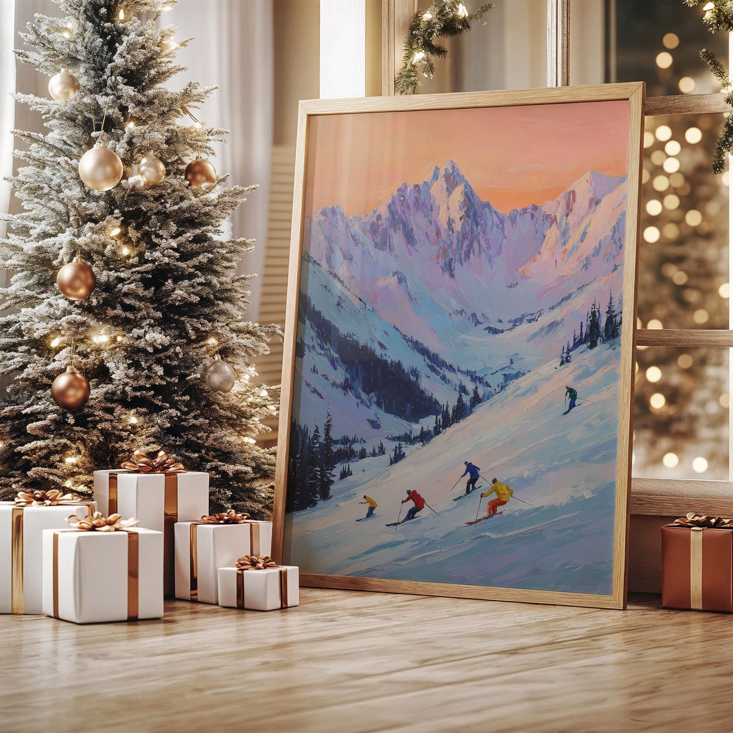 Skiers Chase Alpine Sunset Colors