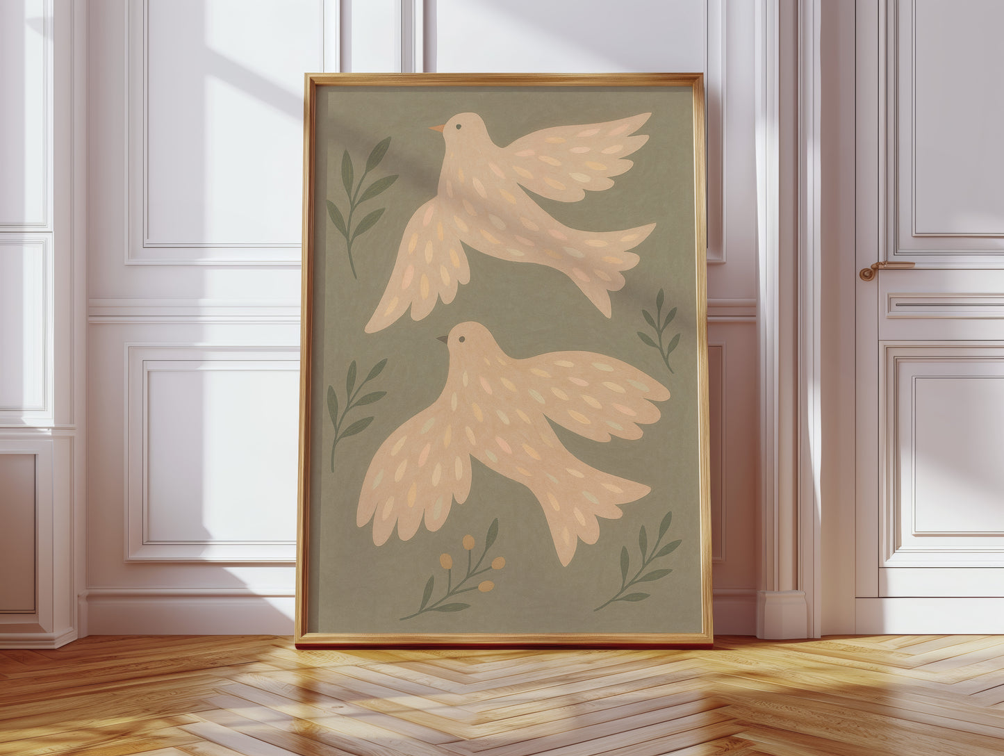 Blush Doves in Olive Sky