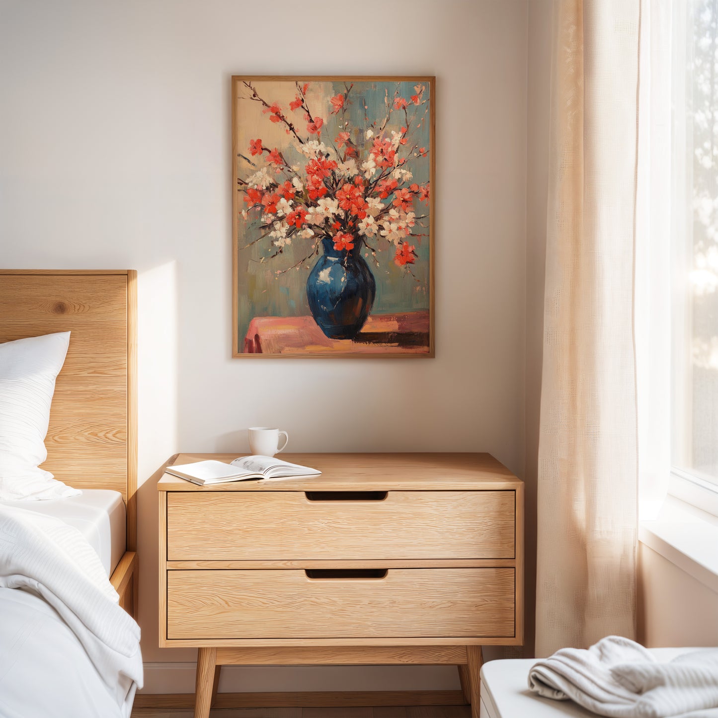 Cherry Blossom Oil Painting – Impressionist Floral Vase Wall Art