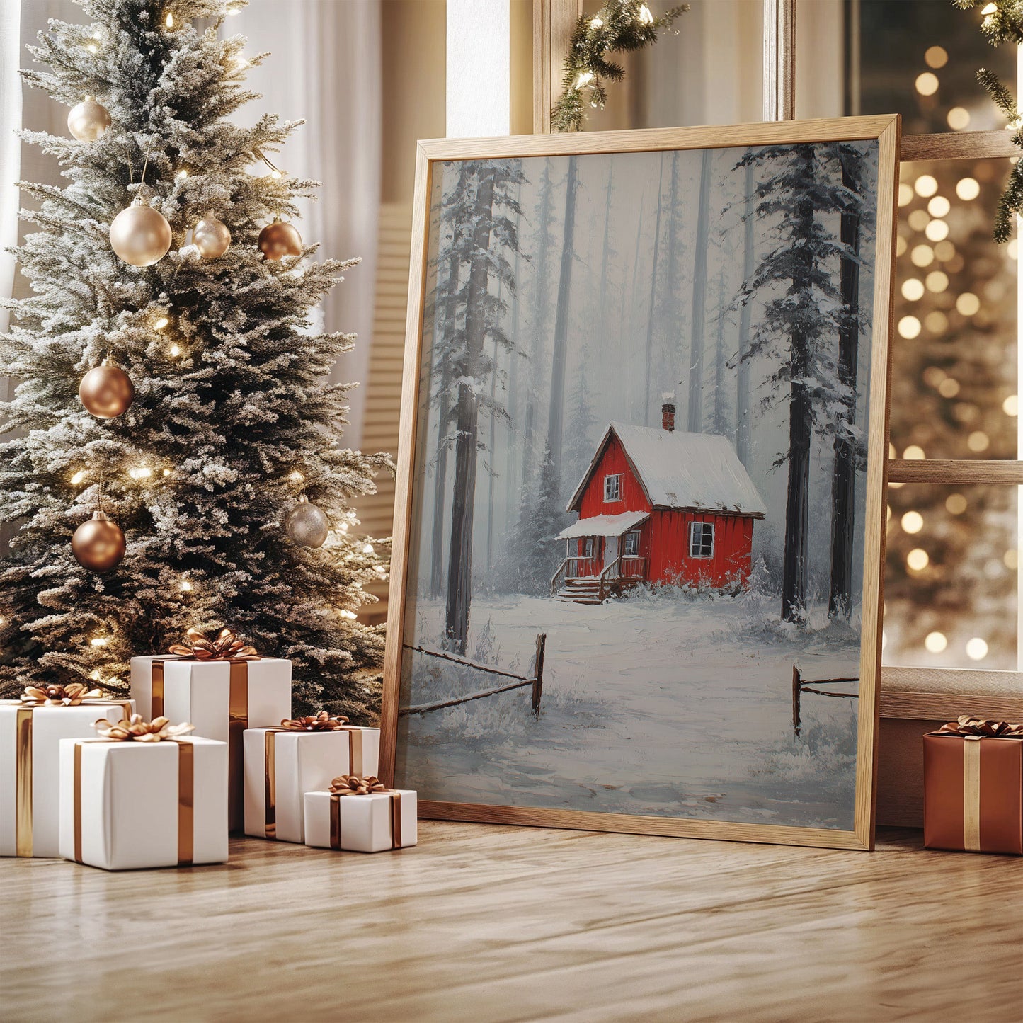 Red Cabin Sleeps In Winter Woods