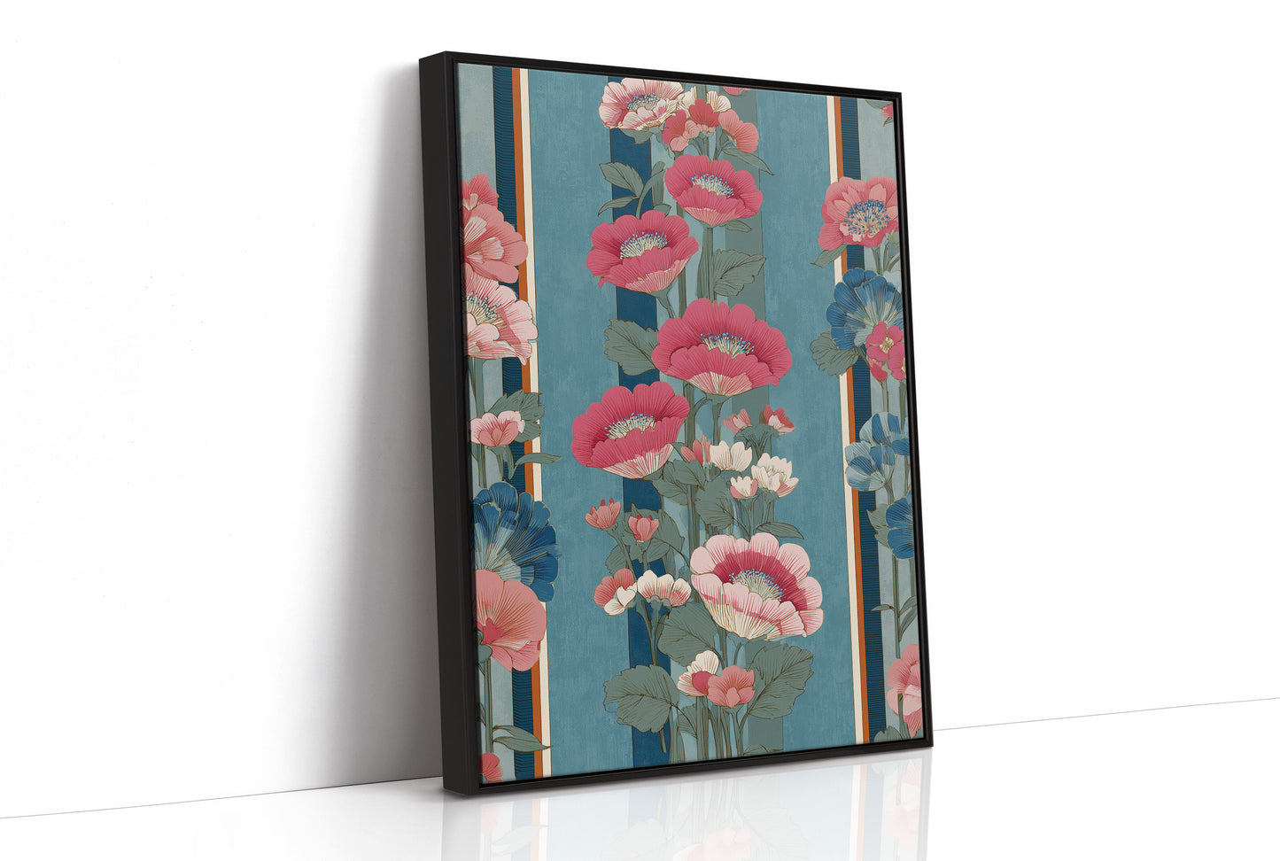 Hot Pink Blooms on Faded Blue