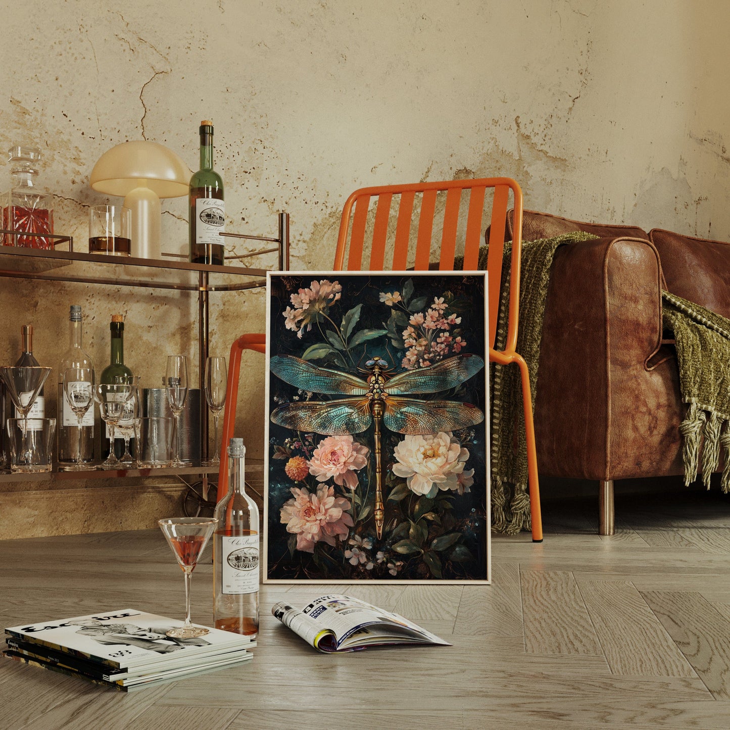 Golden Dragonfly: Dark Floral Baroque Canvas Wall Art