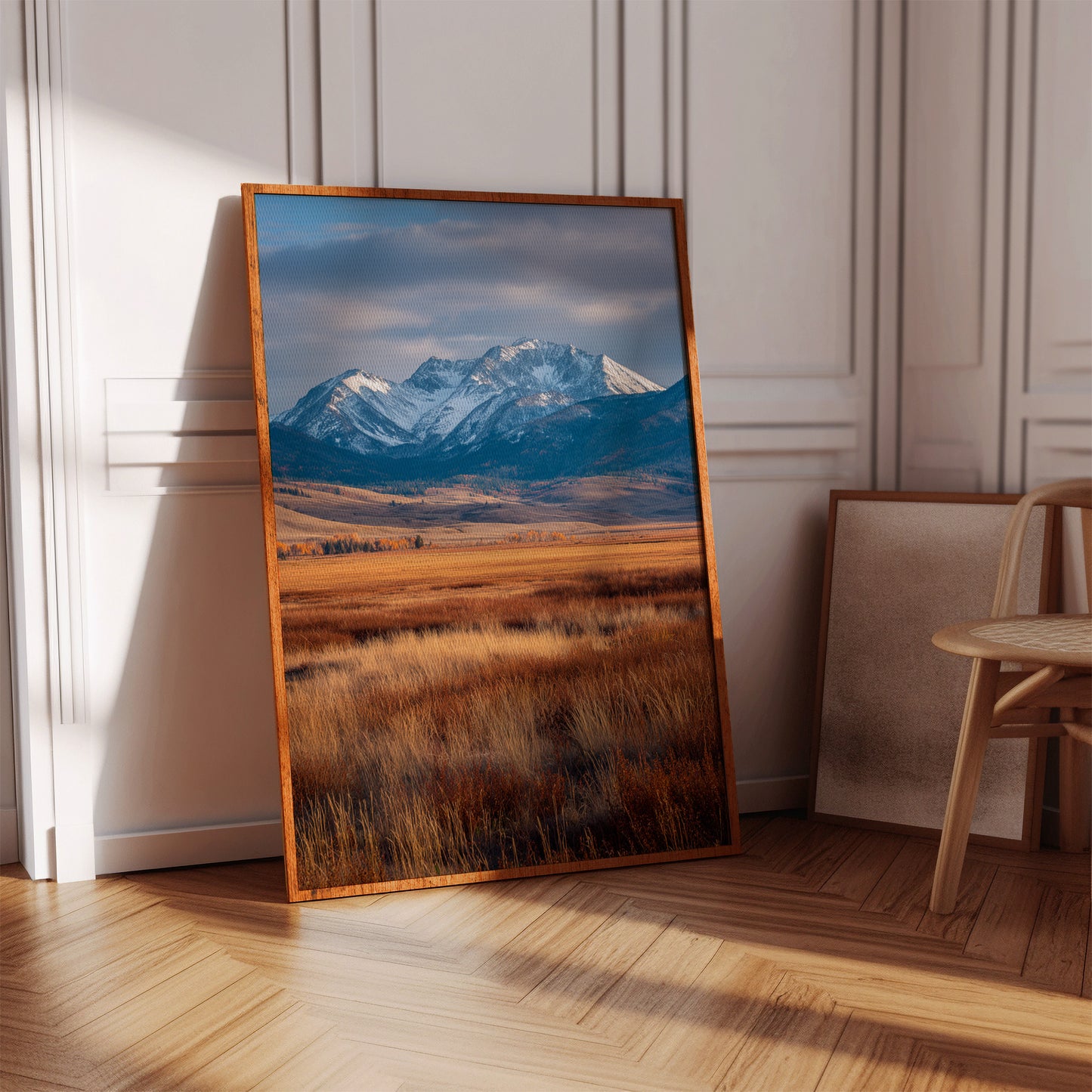 Golden Grasses Beneath Snowy Peaks