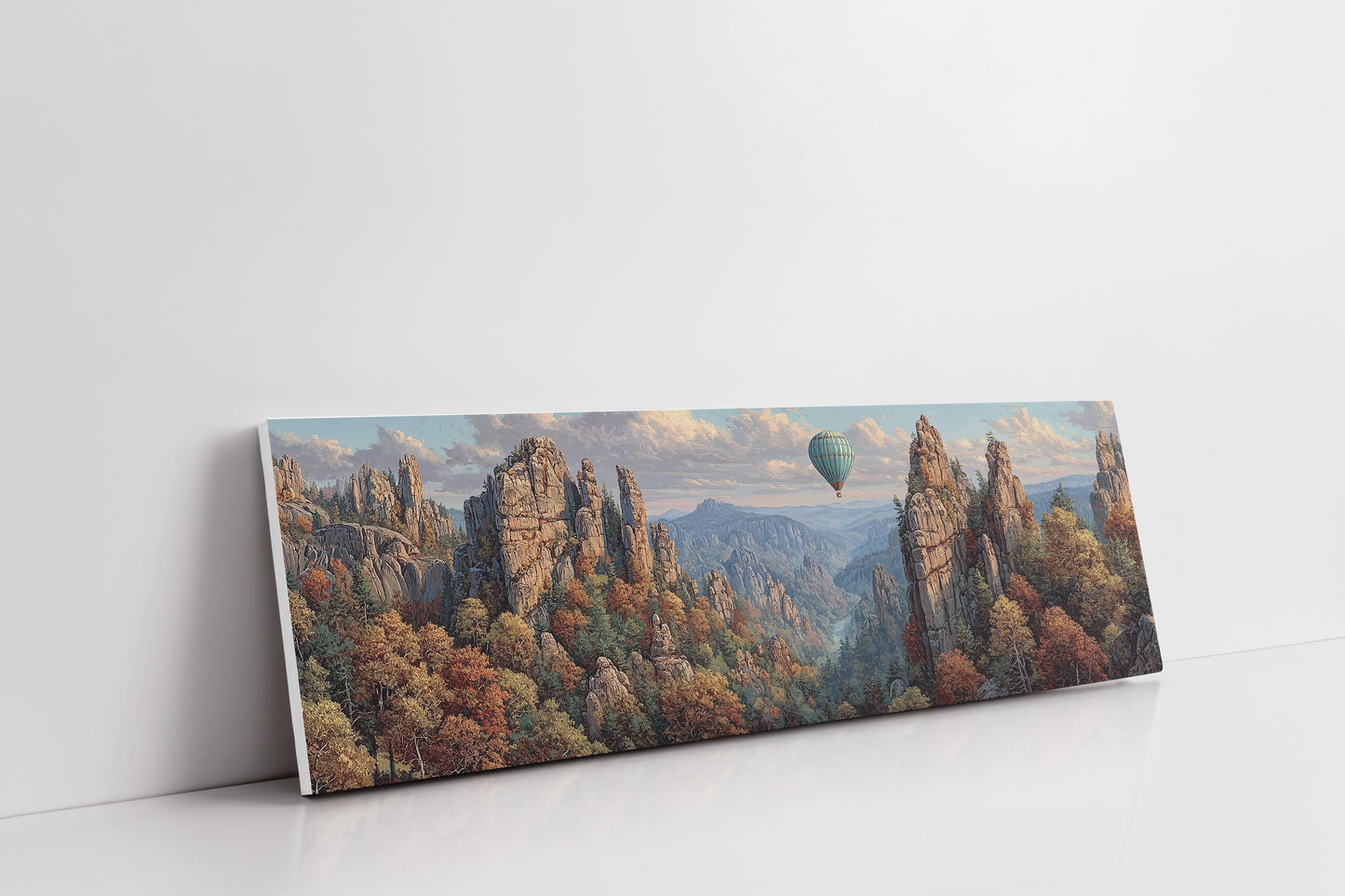 Hot Air Balloon Over Autumn Cliffs
