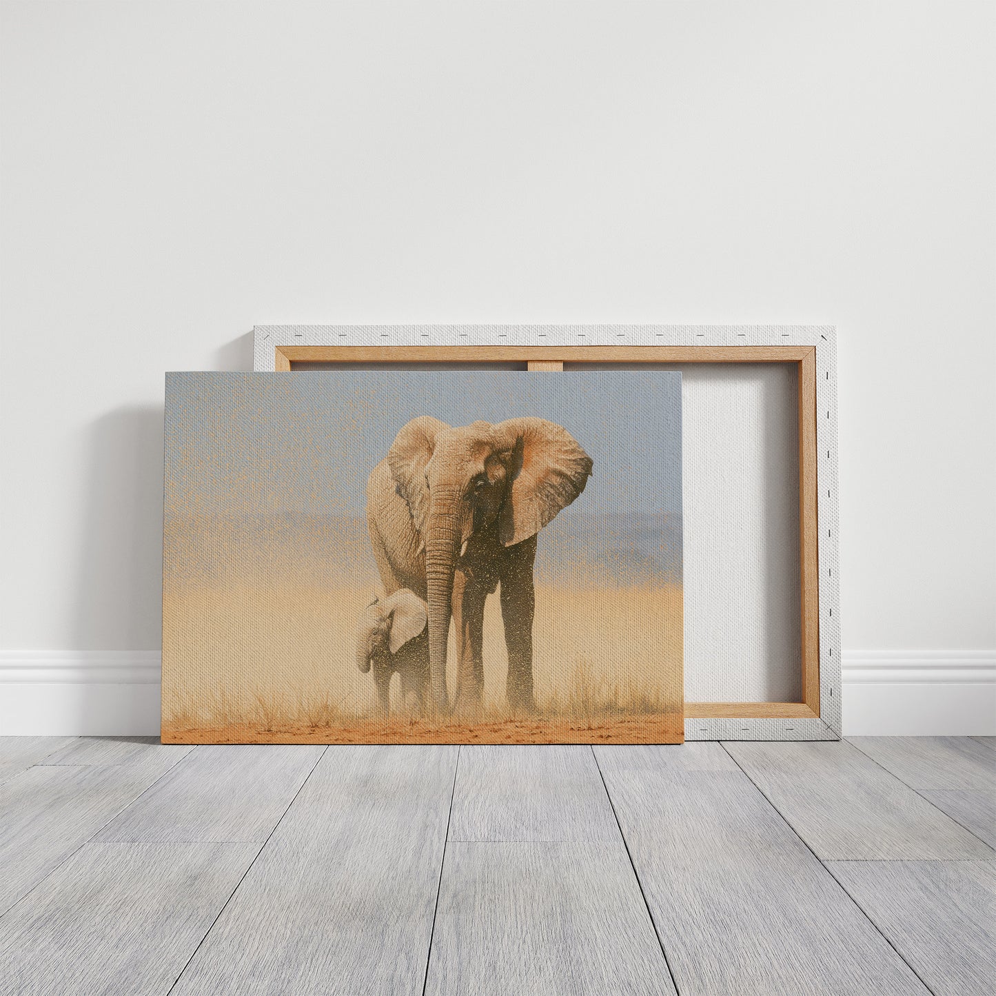 Elephant Mother, Dust and Calf