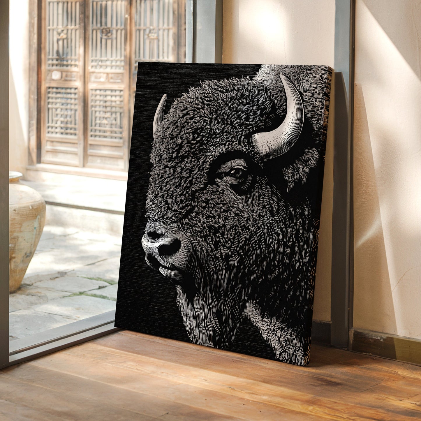 wild buffalo in black and white