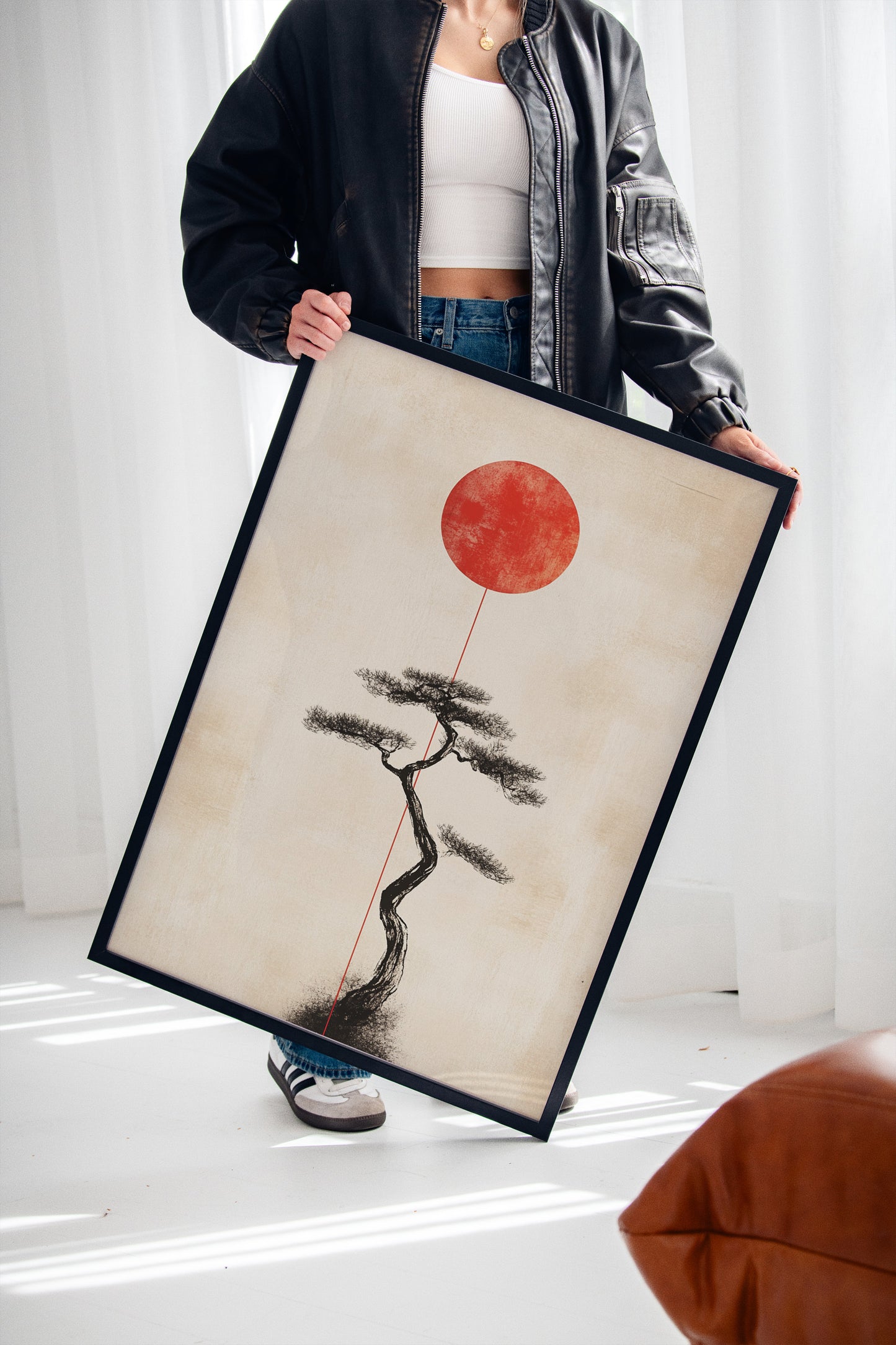 Minimalist Bonsai & Rising Sun – Japanese Zen-Inspired Wall Art