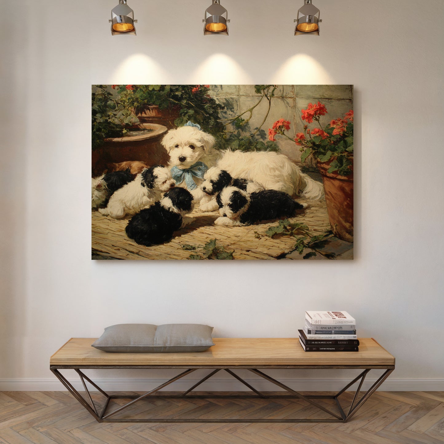 Puppies Rest Among Garden Geraniums