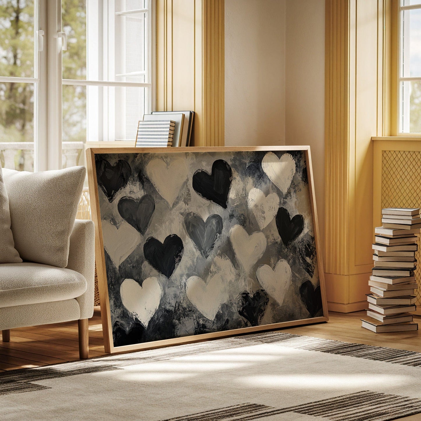 Hearts Dance Through Monochrome Mist