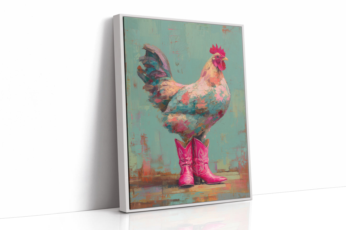 Rooster Struts In Pink Boots