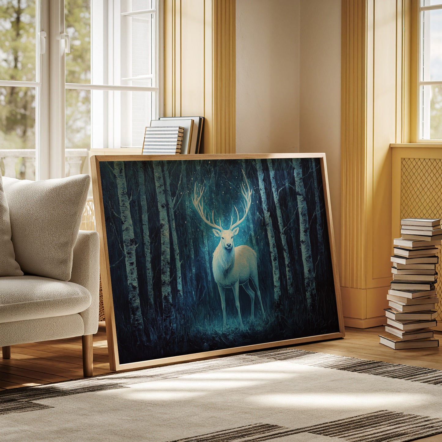 Moonlit Stag Among Birch Trees