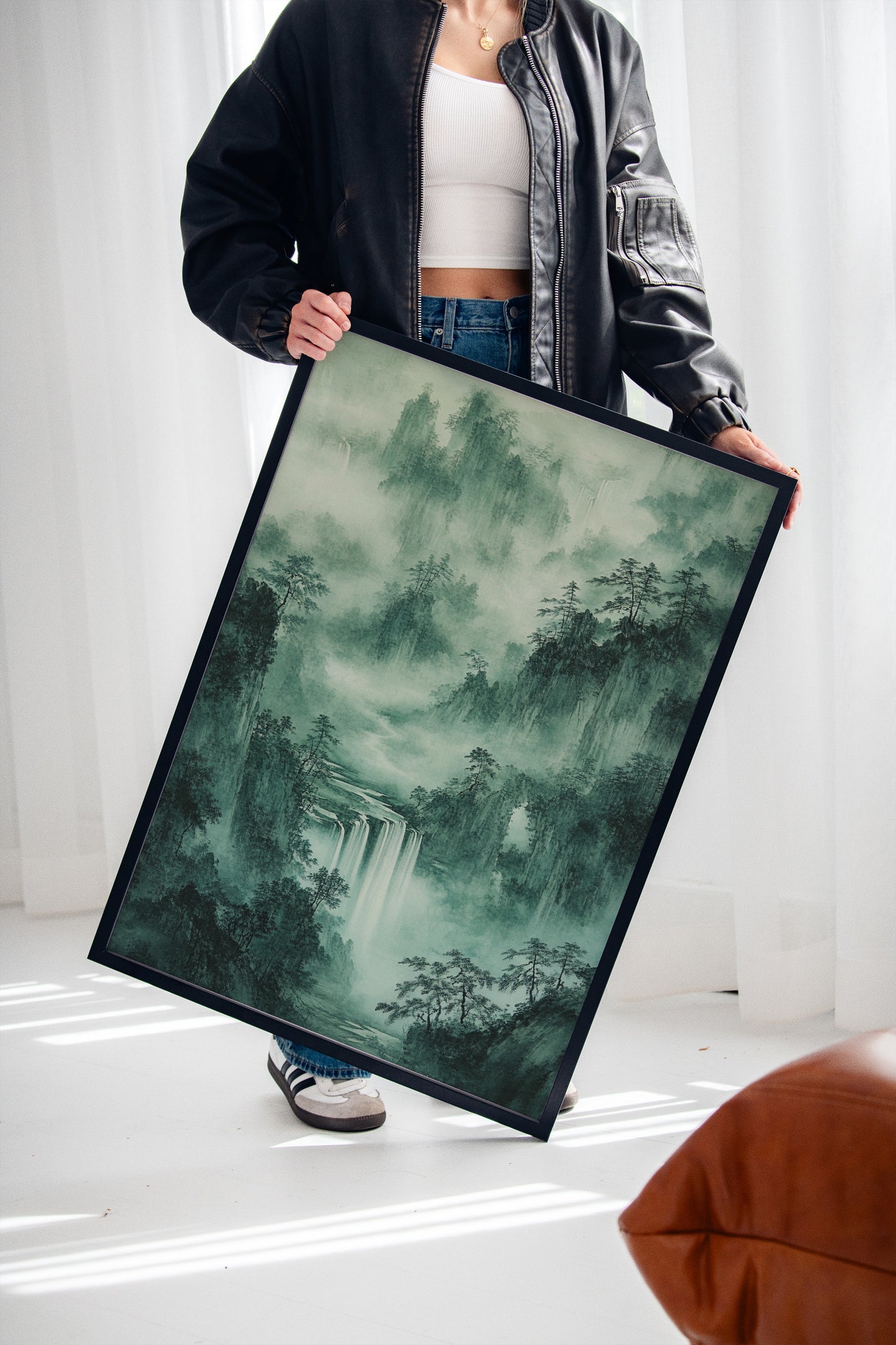 Serene Waterfall Landscape – Traditional Japanese Ink Wash Painting