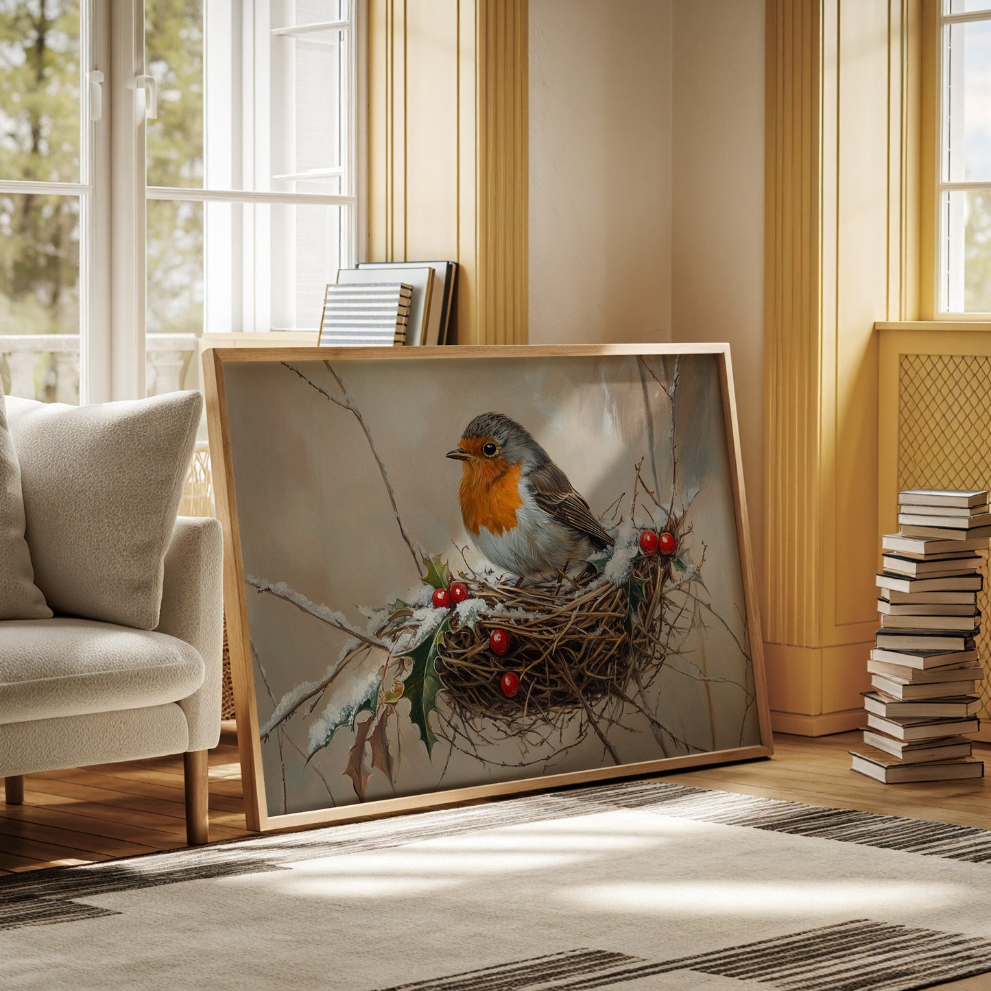 Winter Robin Perches Among Holly