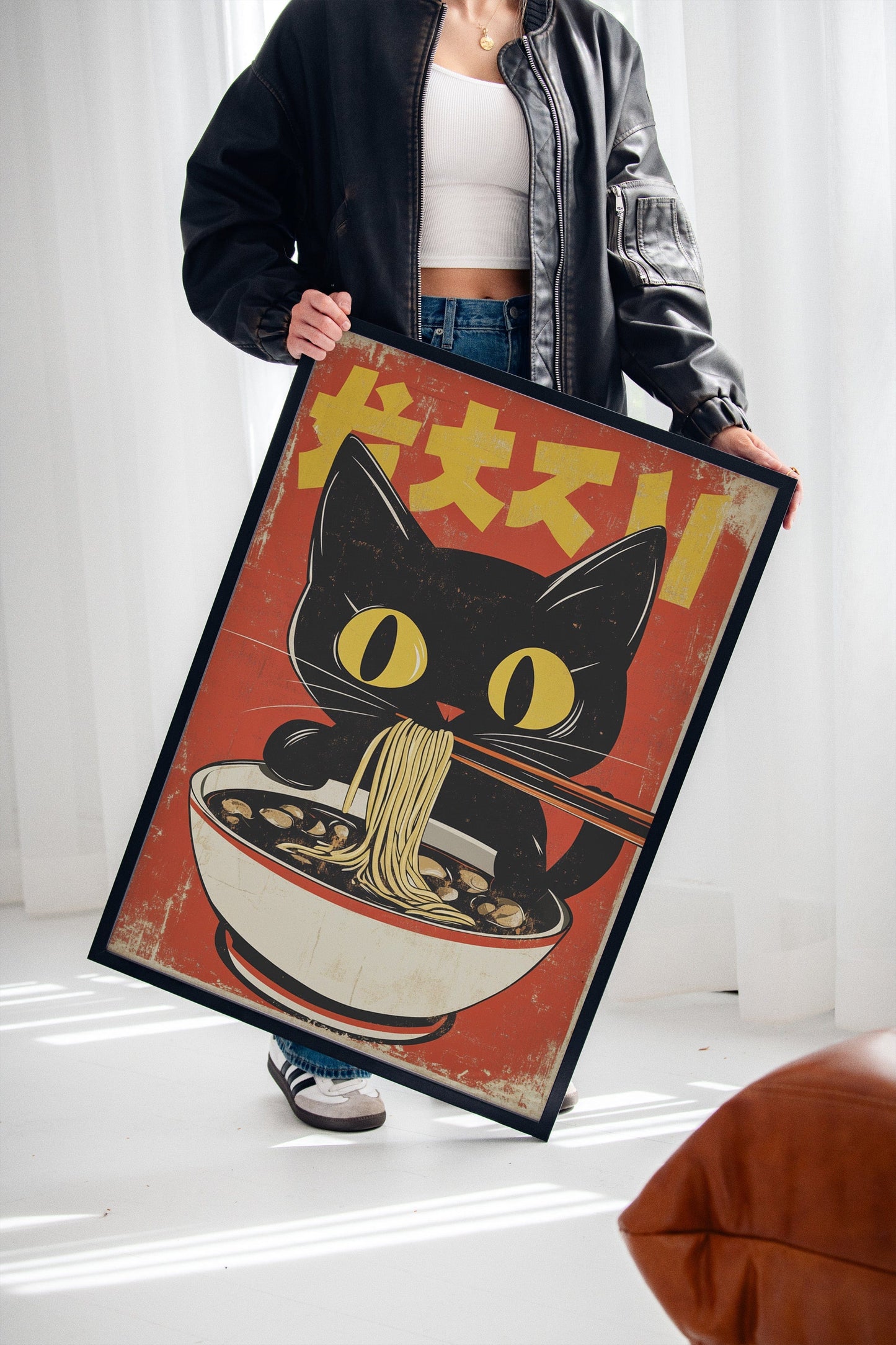 Retro Ramen Cat Poster – Japanese-Inspired Noodle Lover Wall Art