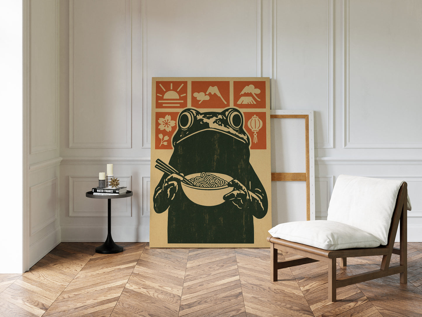 Ramen Frog in Retro Woodblock Style