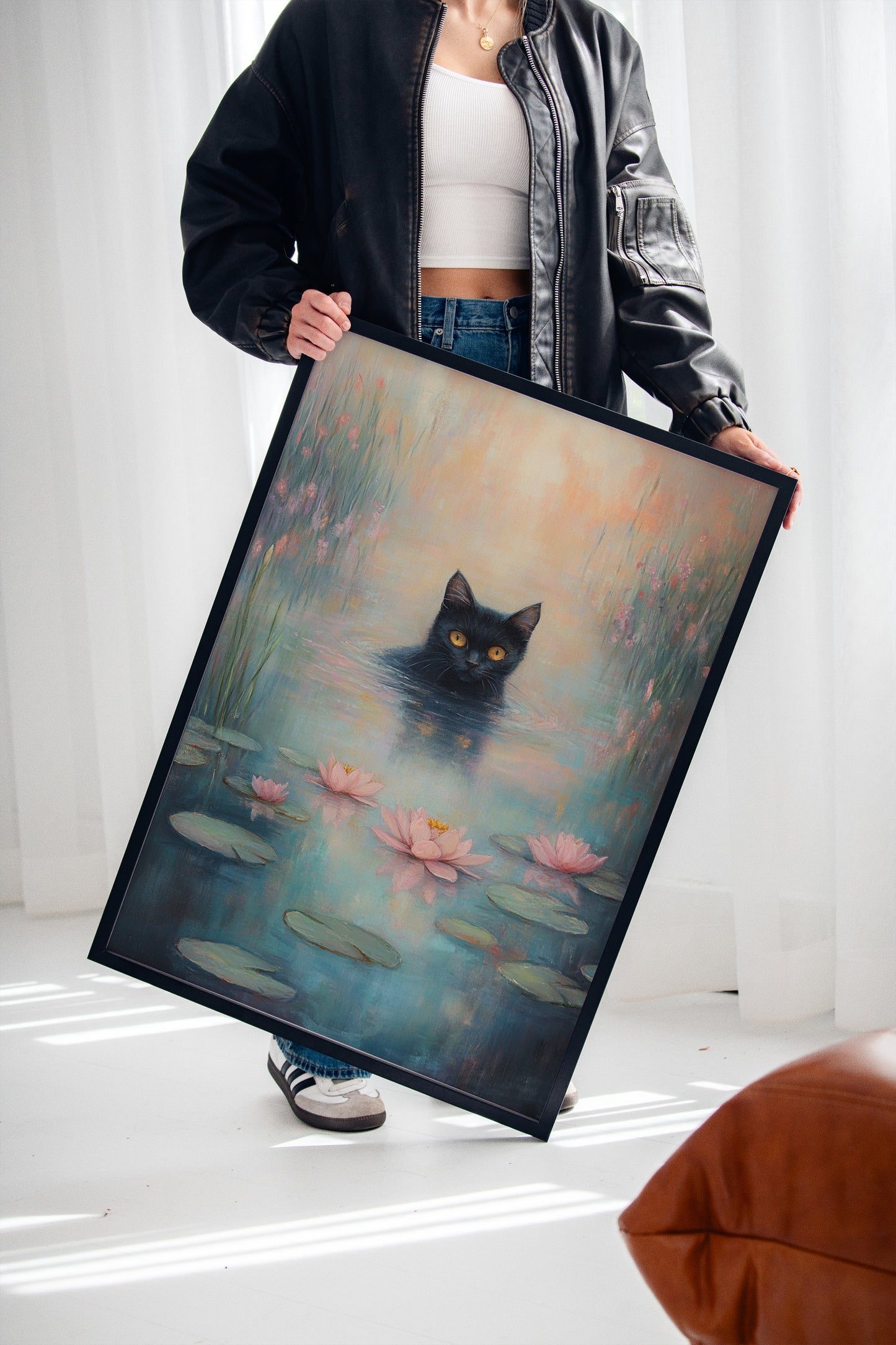 Mystical Black Cat in Water – Dreamy Water Lily Painting