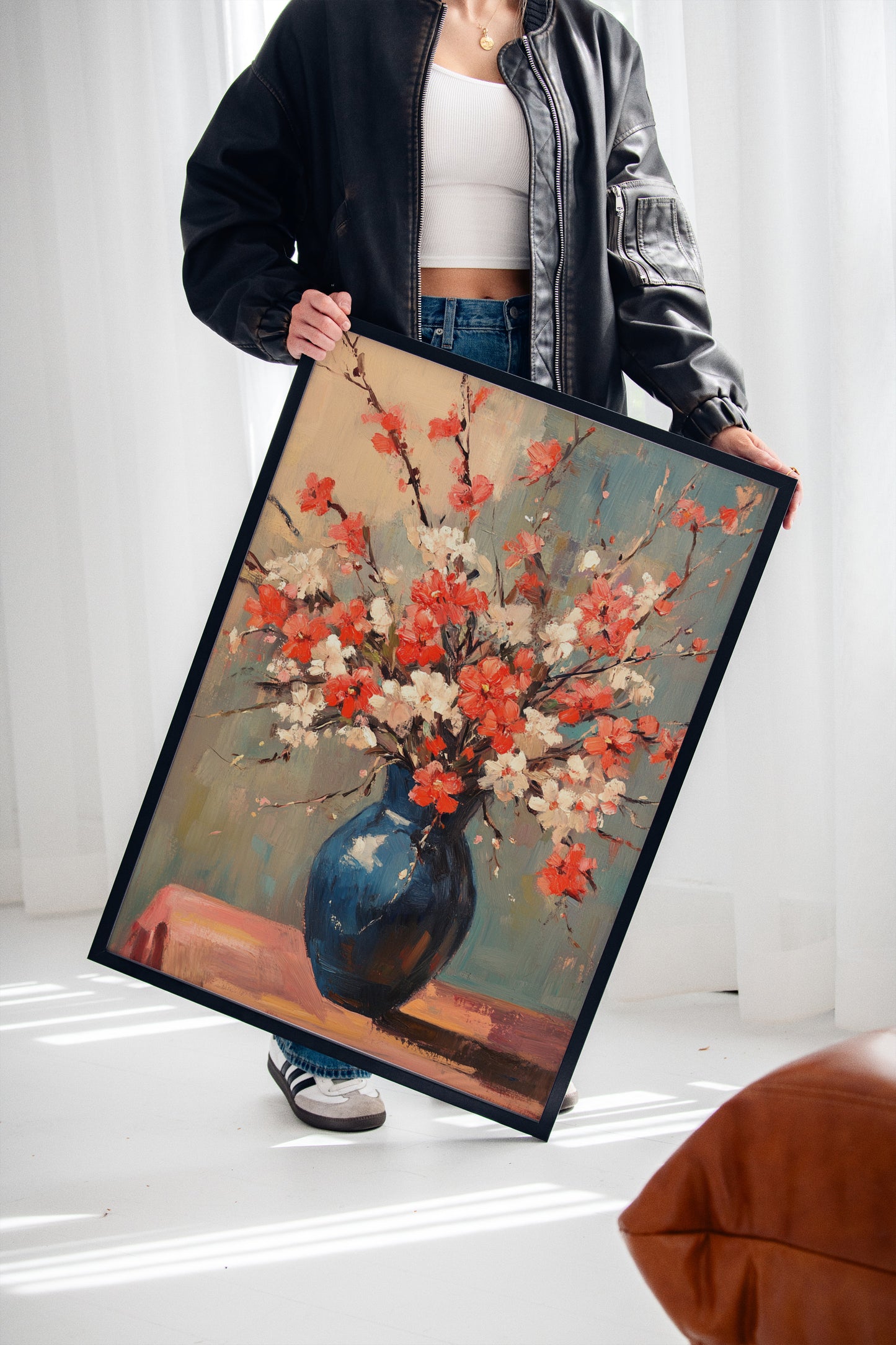 Cherry Blossom Oil Painting – Impressionist Floral Vase Wall Art