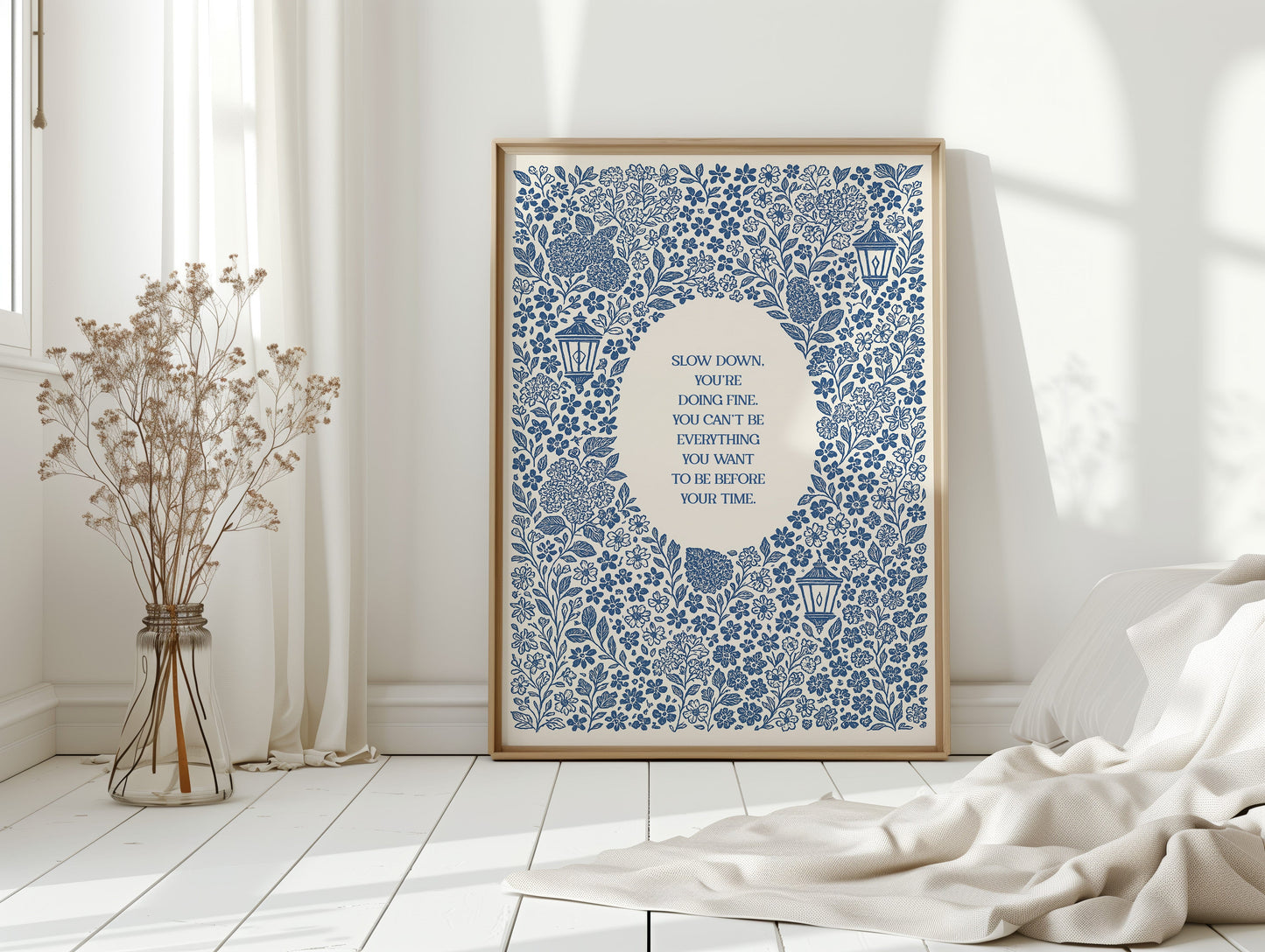 Blue Floral Lantern Quote Print – Slow Down, You’re Doing Fine
