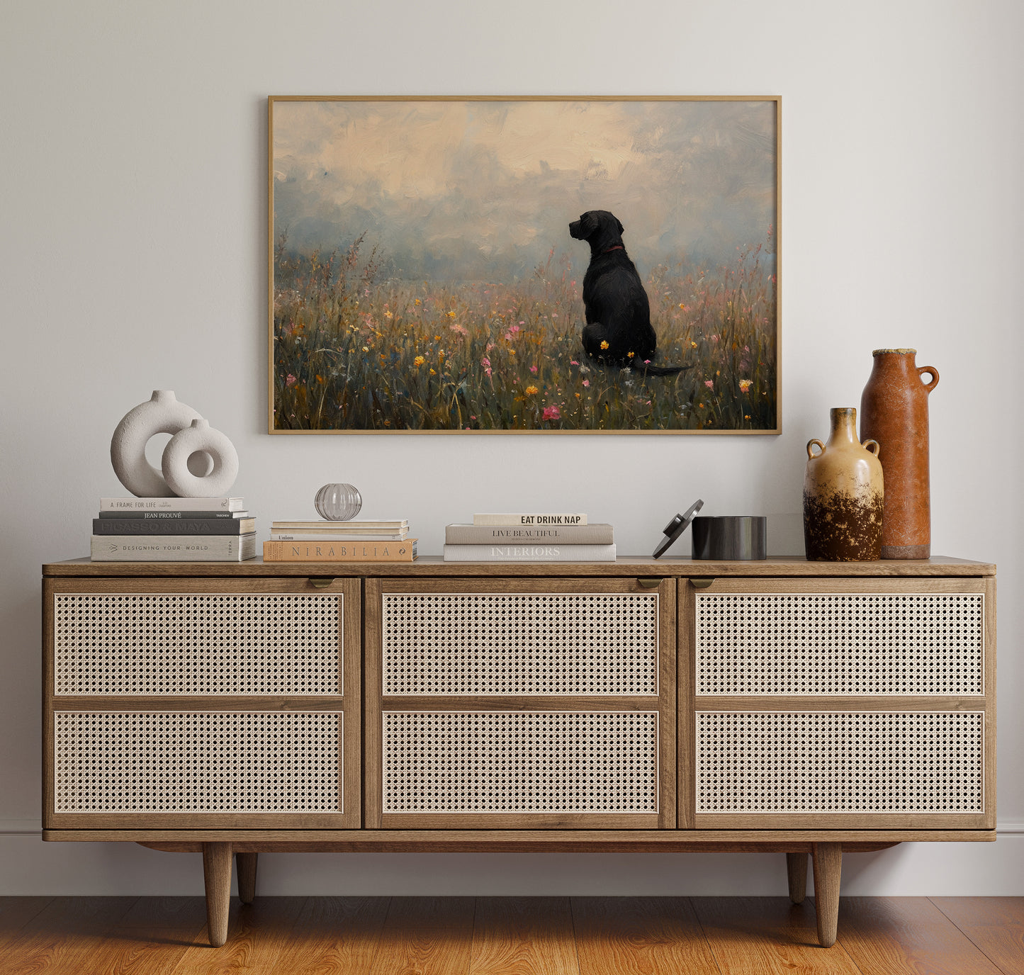Serene Black Lab in Wildflowers – Rustic Dog Art Print
