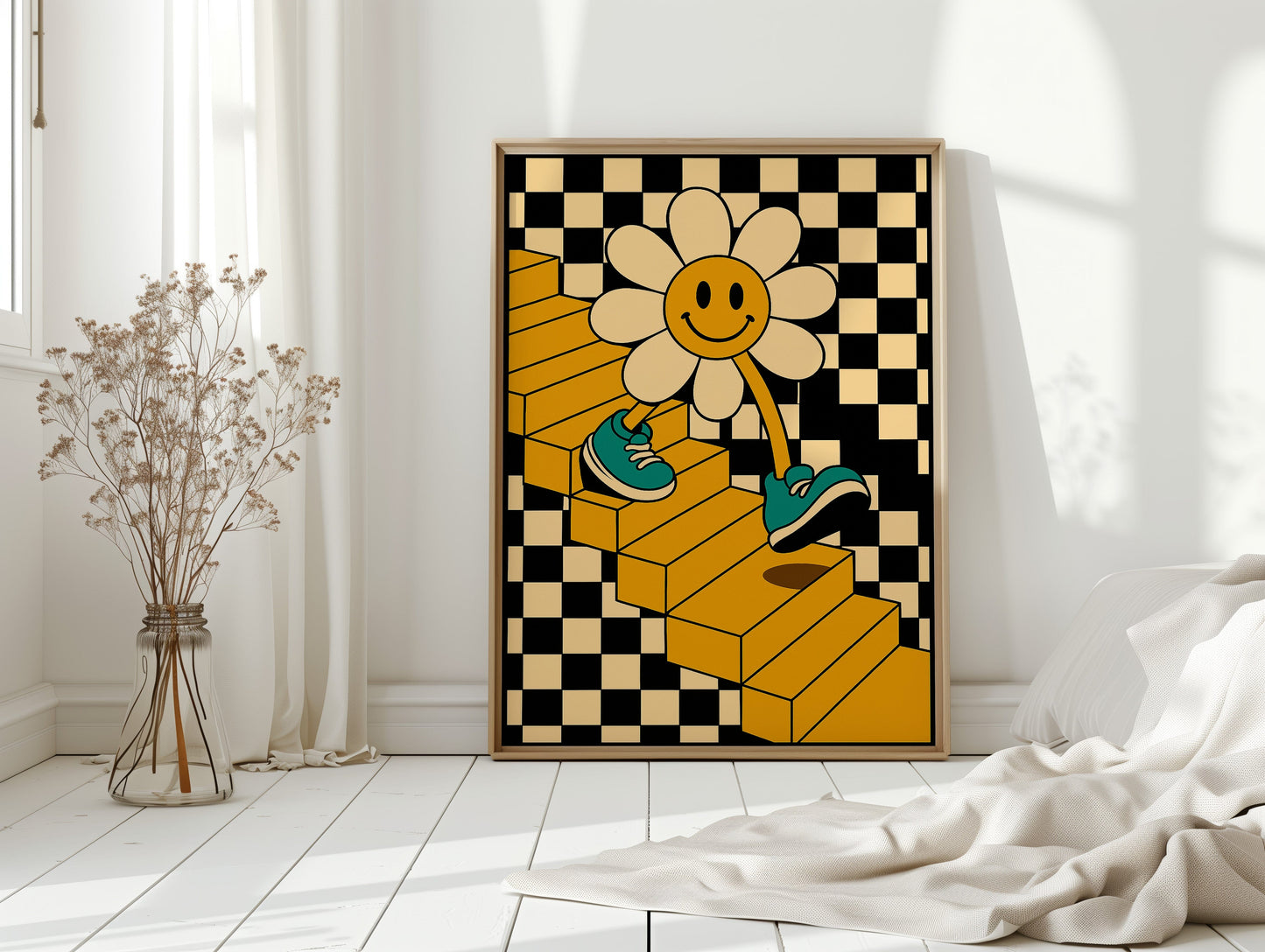 Groovy Daisy Vibes – Retro Checkerboard Flower Print