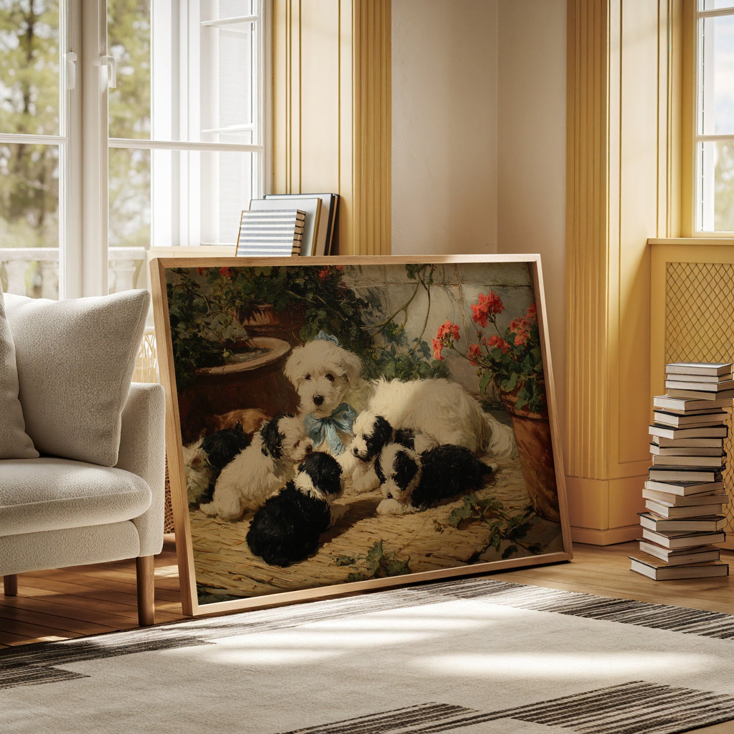 Puppies Rest Among Garden Geraniums