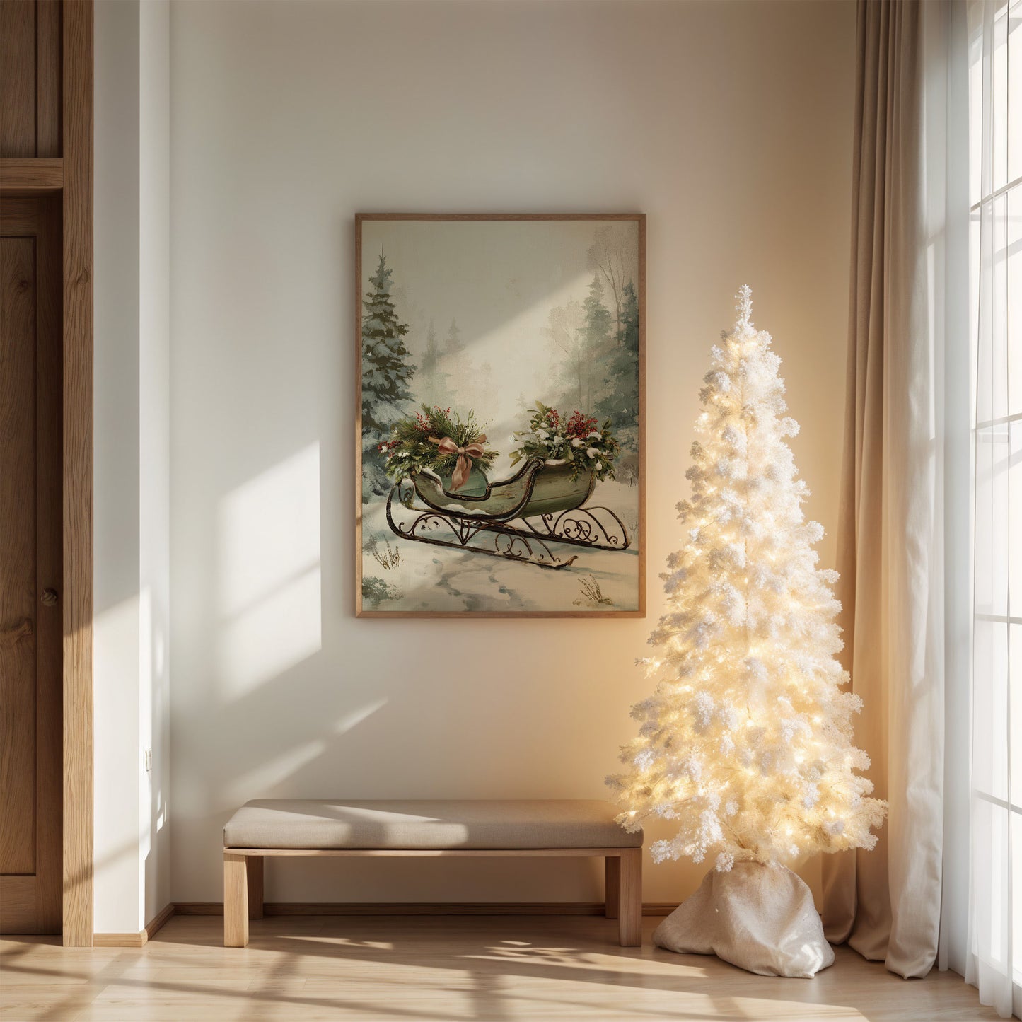 Winter Sleigh Among Misty Pines