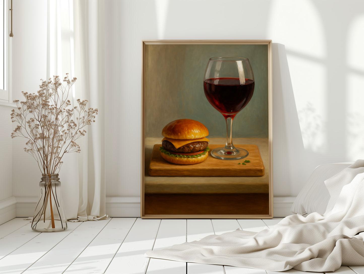 Burger and Bordeaux Still Life