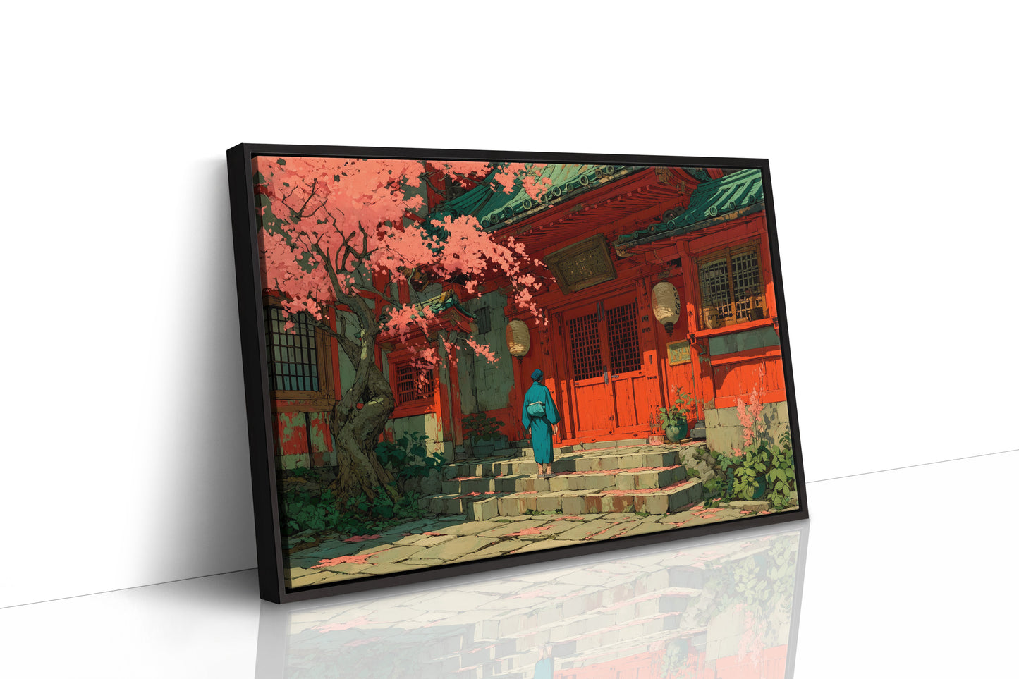 Cherry Blossoms Dance At Temple Steps