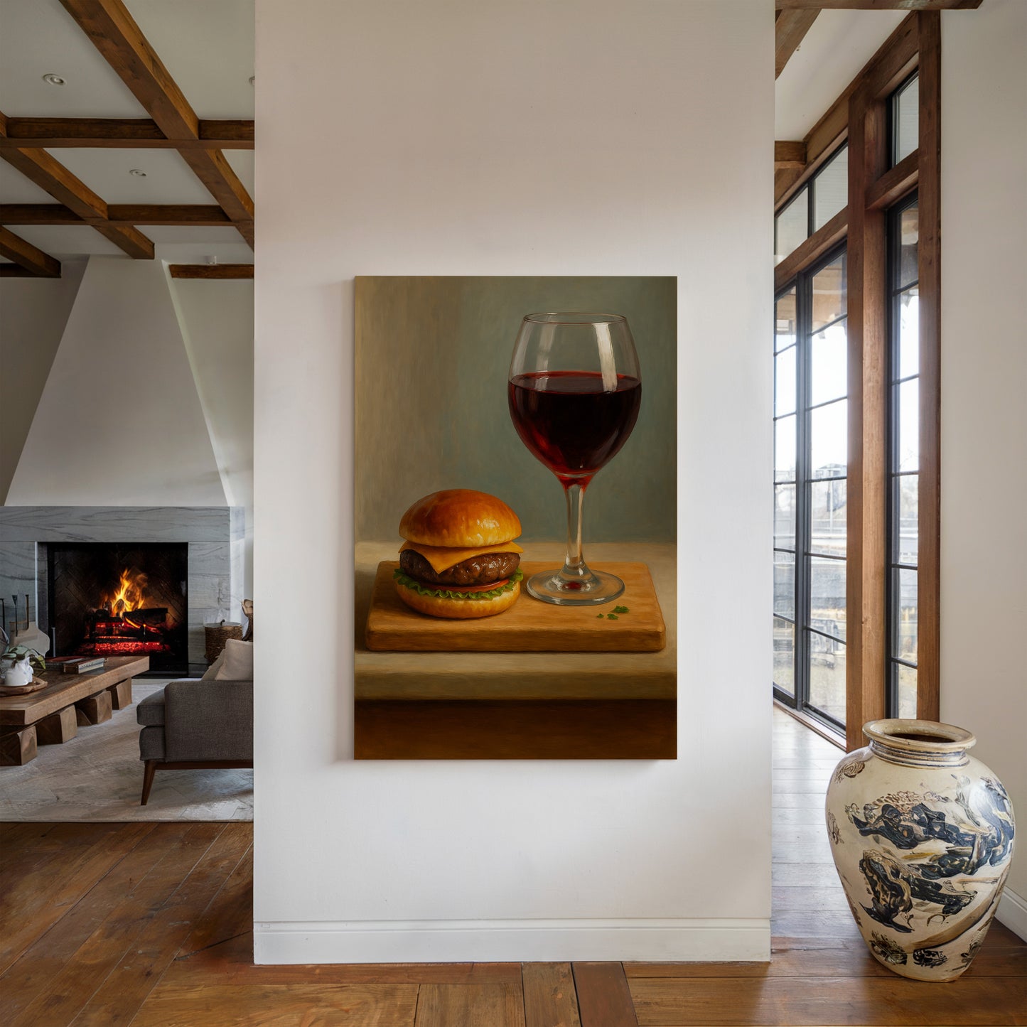 Burger and Bordeaux Still Life