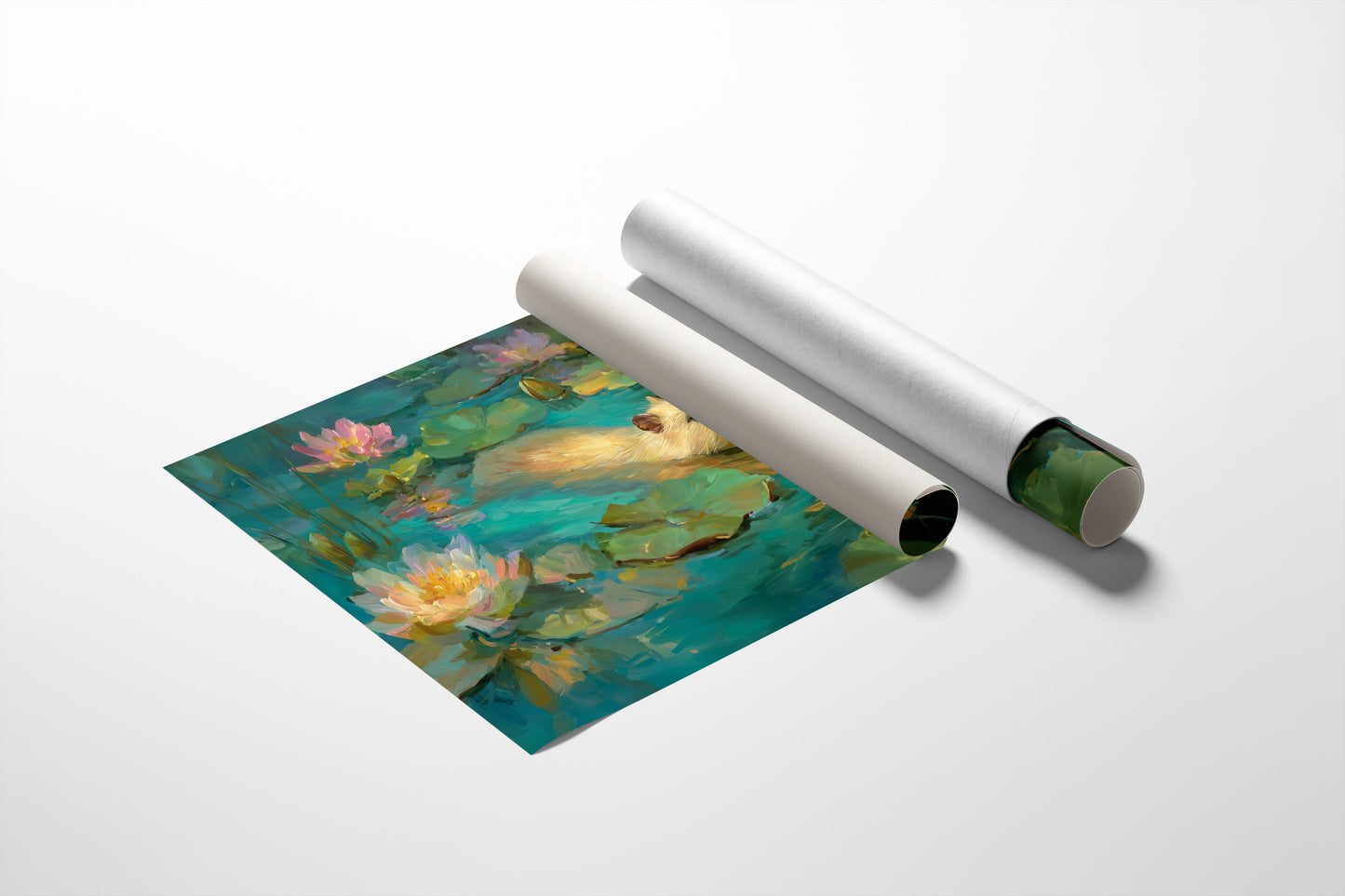 Golden Swimmer Among Water Lilies