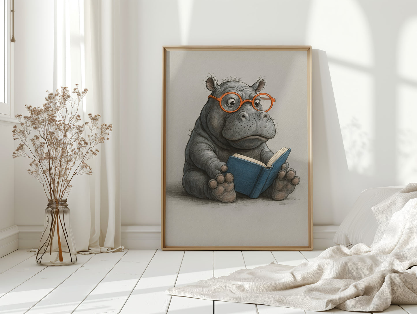 Baby Hippo Reading with Glasses
