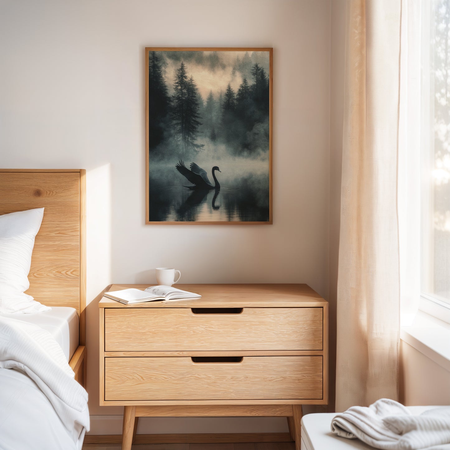 Black Swan in the Forest Mist