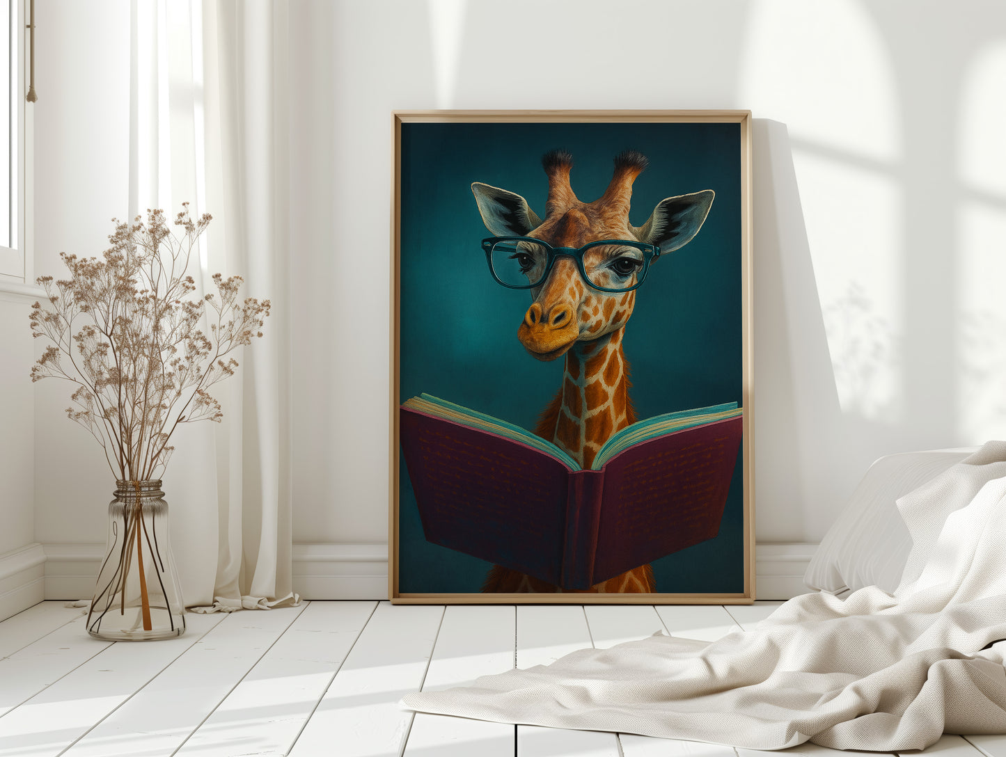 Giraffe with Glasses Reading a Book