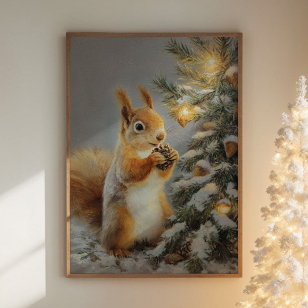 Winter Squirrel Finds Pine Cone Magic