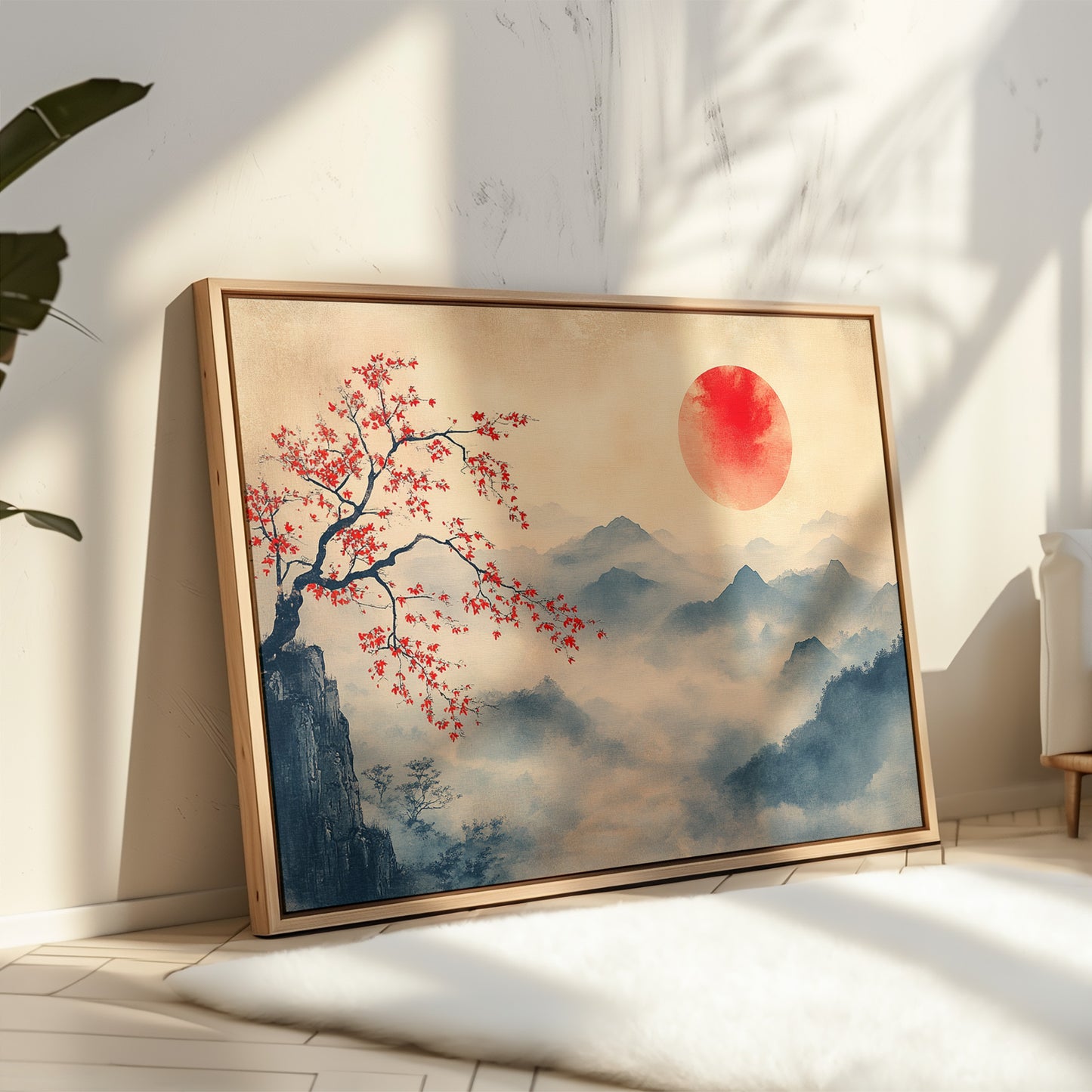 Japanese Red Sun & Misty Mountain Wall Art – Zen Ink Wash Landscape