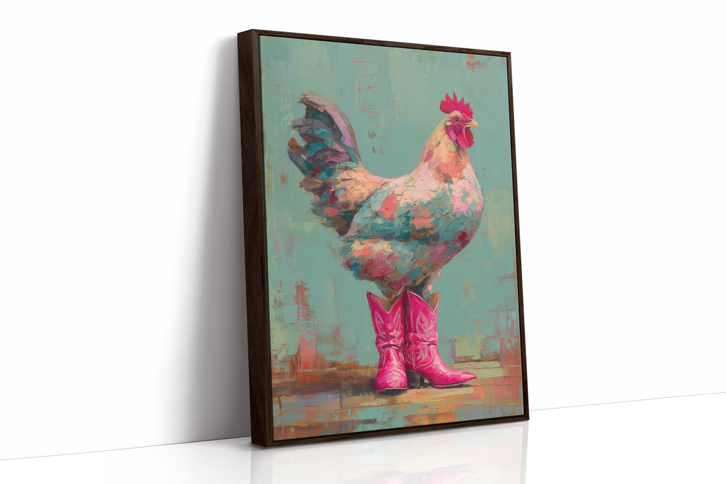 Rooster Struts In Pink Boots