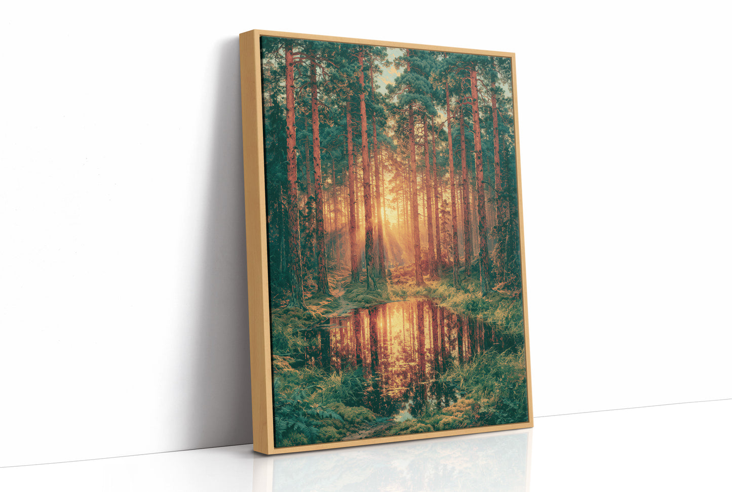 Golden Hour Reflections: Pine Forest at Sunset