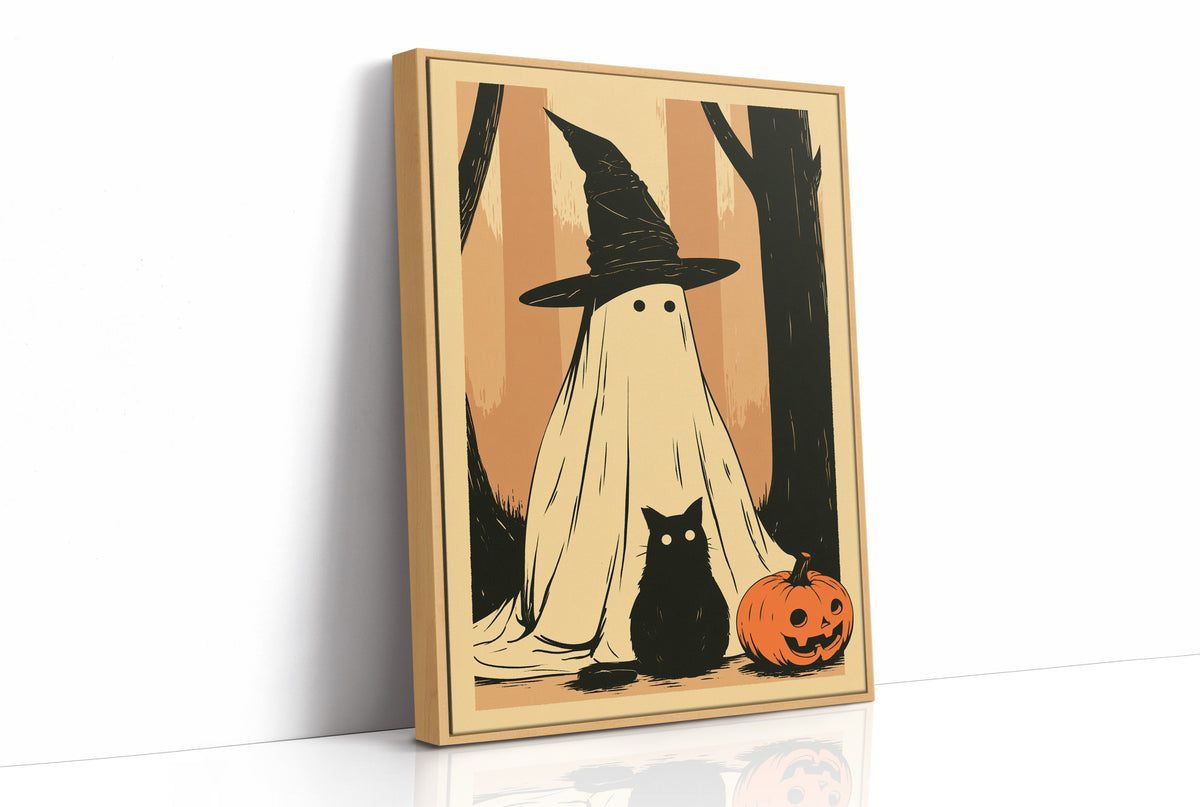 Ghost, Cat, and Jack-o'-Lantern